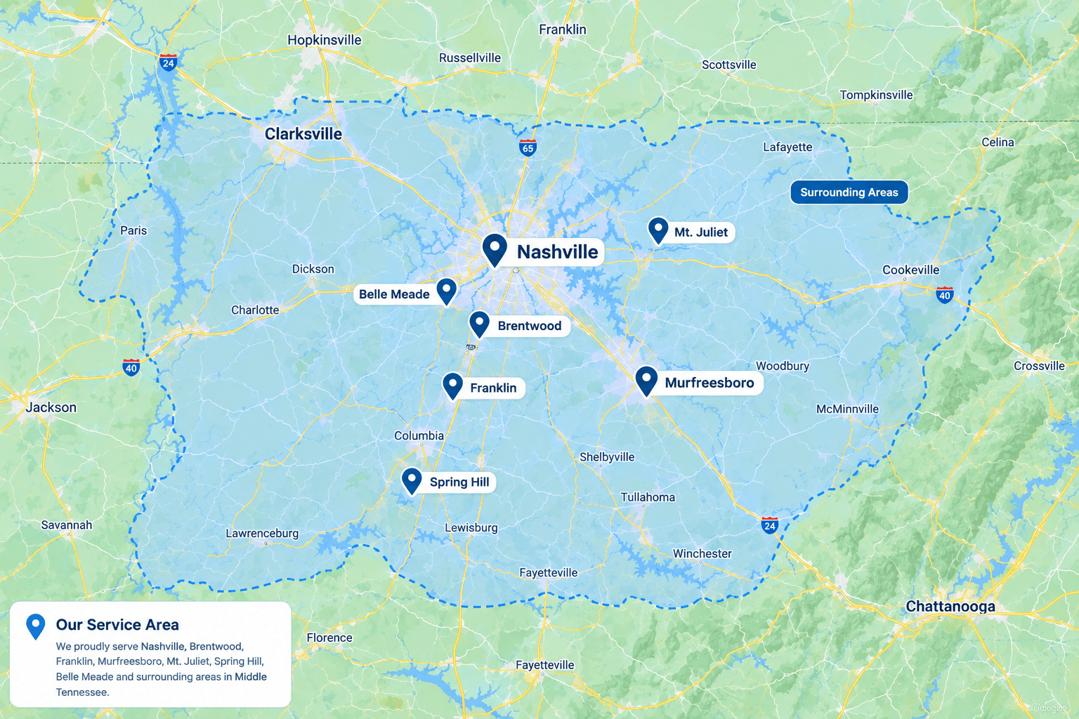 Map of Middle Tennessee service area including Nashville, Franklin, Mt. Juliet, Belle Meade, Brentwood, Murfreesboro and Spring Hill