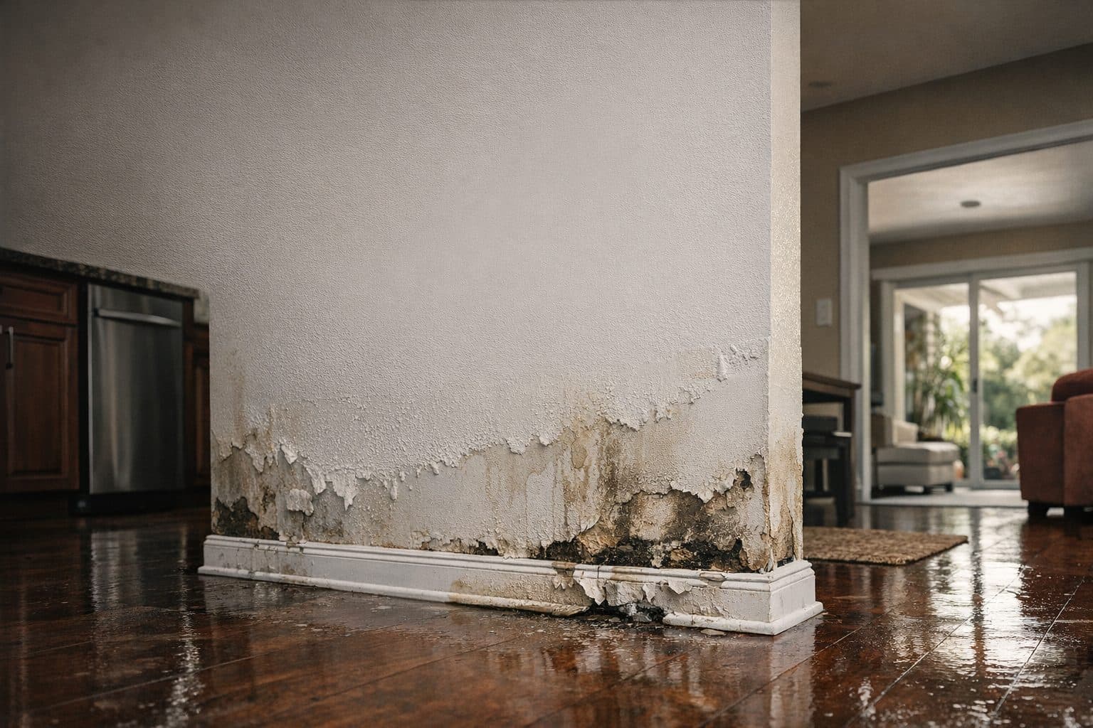 Water damage along the base of a wall where paint has blistered and peeled away, exposing dark moisture staining and mold growth at the bottom of the drywall, with wet hardwood flooring in the foreground
