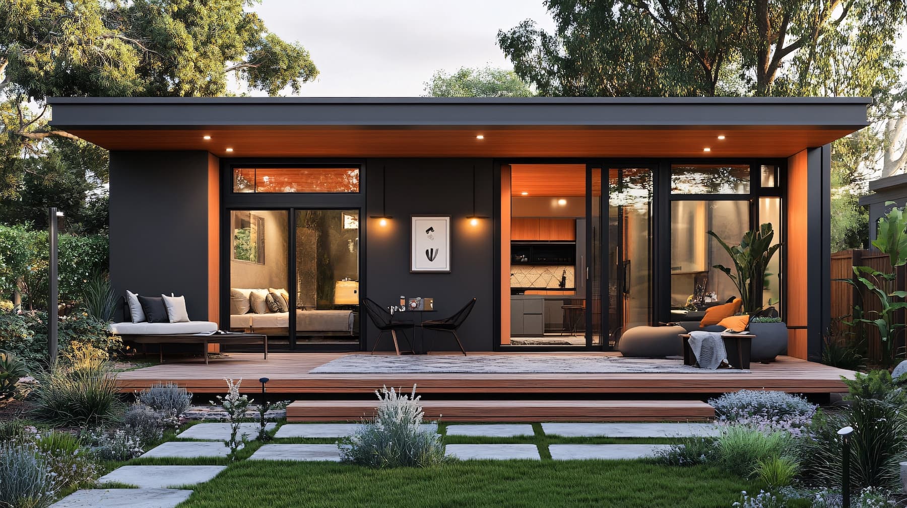 Modern flat-roof ADU with charcoal siding, a warm wood soffit, and glass doors opening onto a deck
