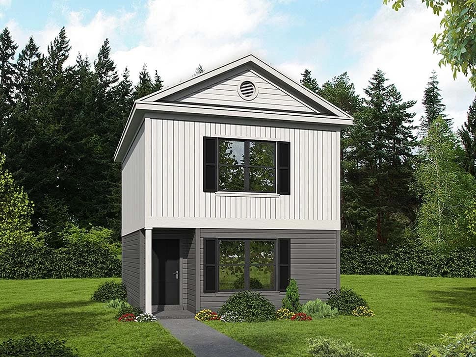 Rendering of a two-story detached ADU with white board-and-batten siding over a dark grey lower level, set on a lawn