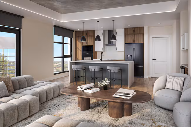 Custom-built luxury home interior with open kitchen and living room