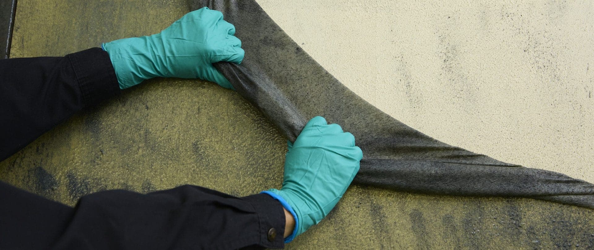 Two gloved hands in teal nitrile gloves wiping a dark grey cloth across a grimy wall, revealing a clean, lighter stripe where soot has been removed, with a black sleeve visible on each arm